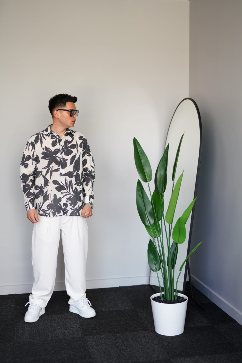 Oversize Füme Çiçekli Keten Gömlek
