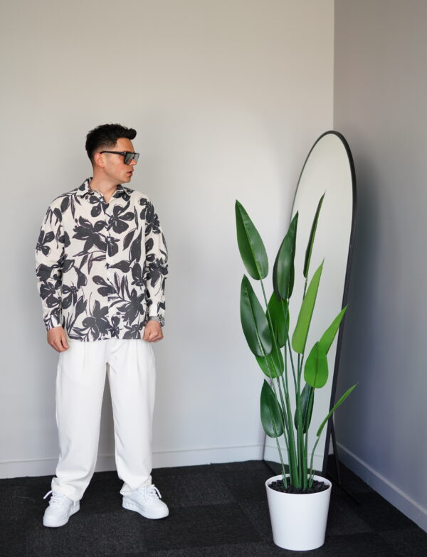 Oversize Füme Çiçekli Keten Gömlek