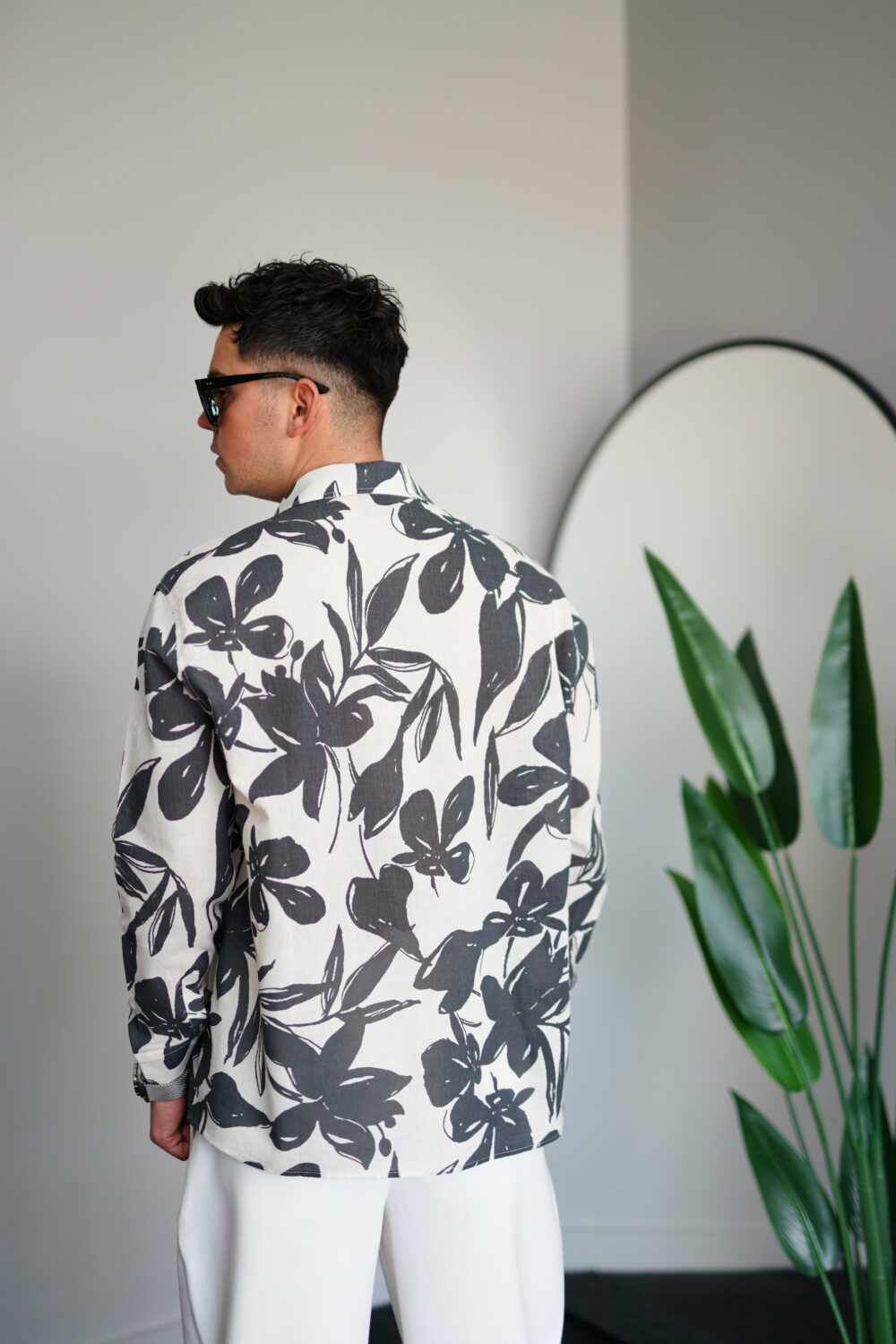 Oversize Füme Çiçekli Keten Gömlek - Görsel 3