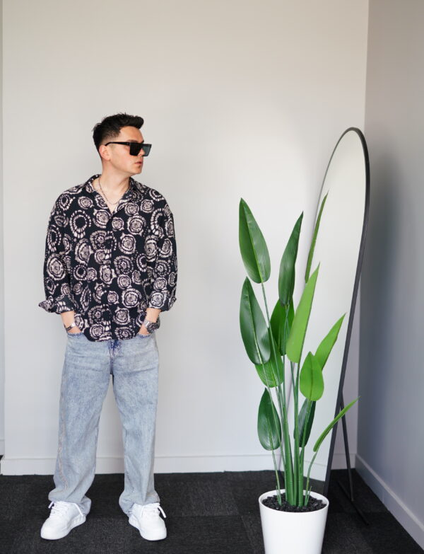 Oversize Çiçekli Siyah Uzun Kollu Gömlek