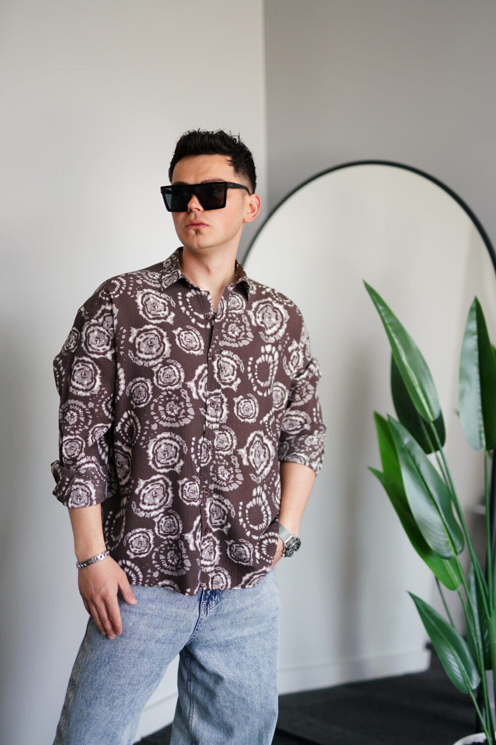 Oversize Çiçekli Kahverengi Uzun Kollu Gömlek - Görsel 2