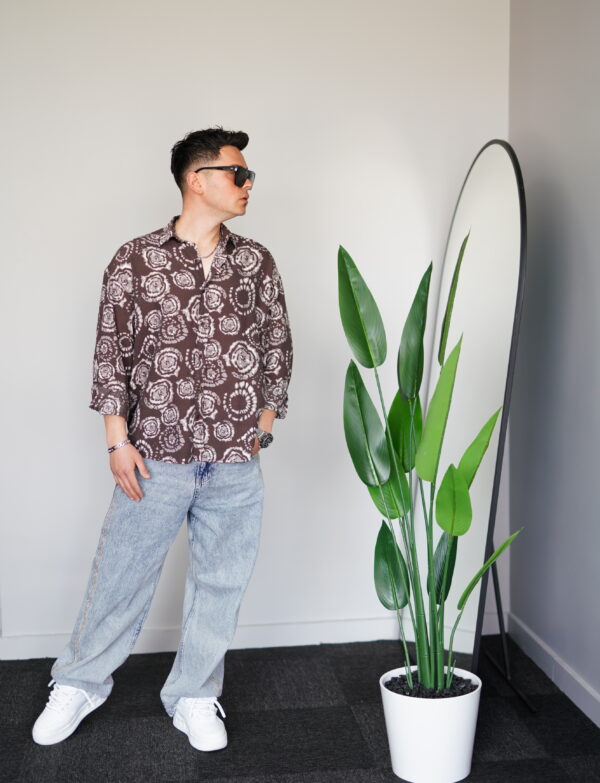 Oversize Çiçekli Kahverengi Uzun Kollu Gömlek