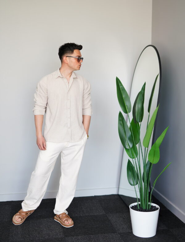 Oversize Bej Keten Gömlek