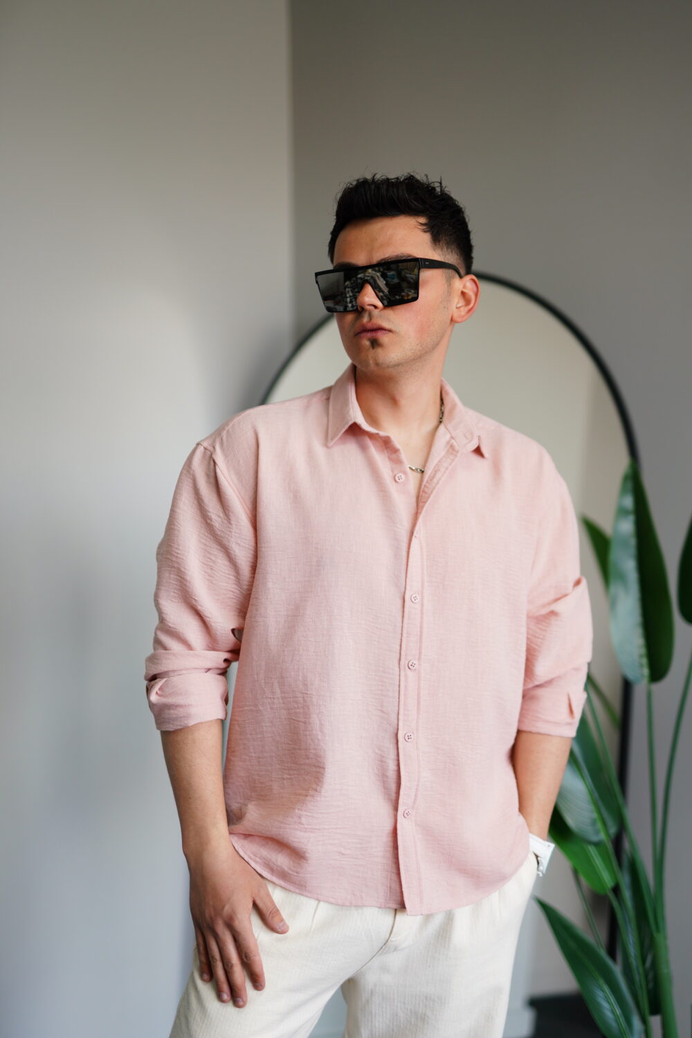 Oversize Pembe Keten Gömlek - Görsel 2