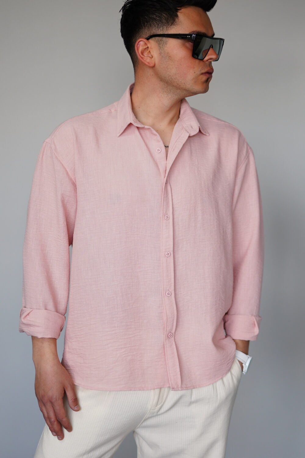 Oversize Pembe Keten Gömlek - Görsel 3