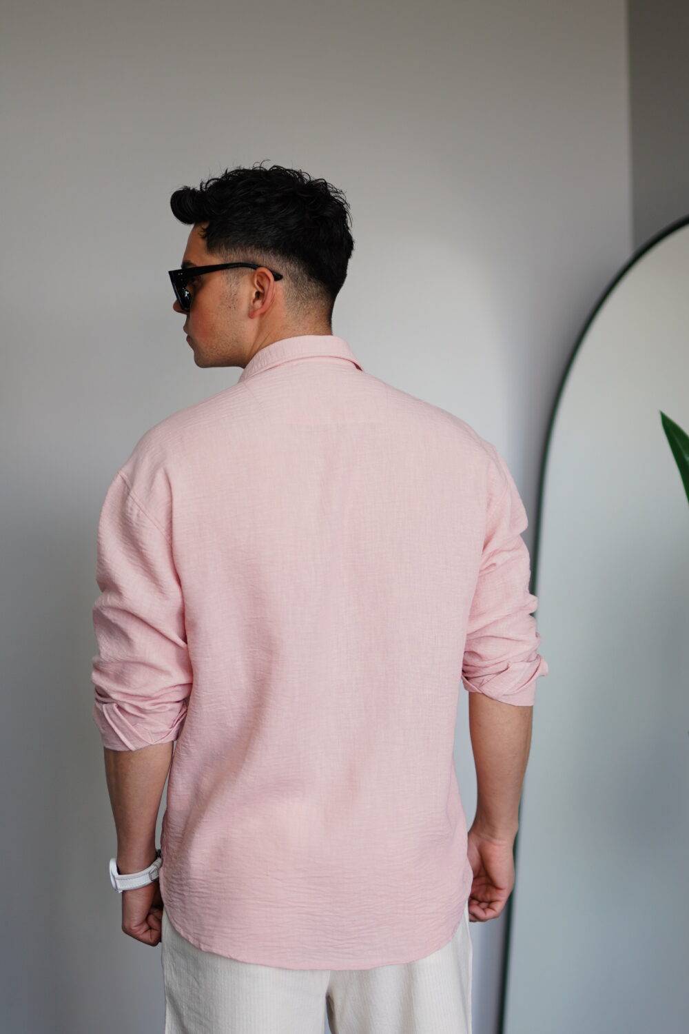 Oversize Pembe Keten Gömlek - Görsel 4