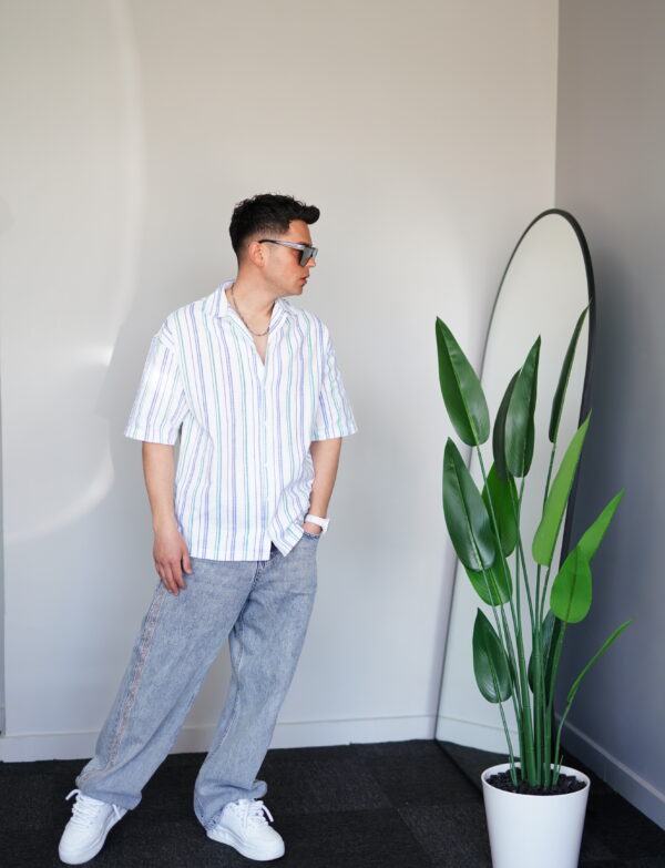 Oversize Yeşil Mavi Çizgili Apaş Yaka Gömlek