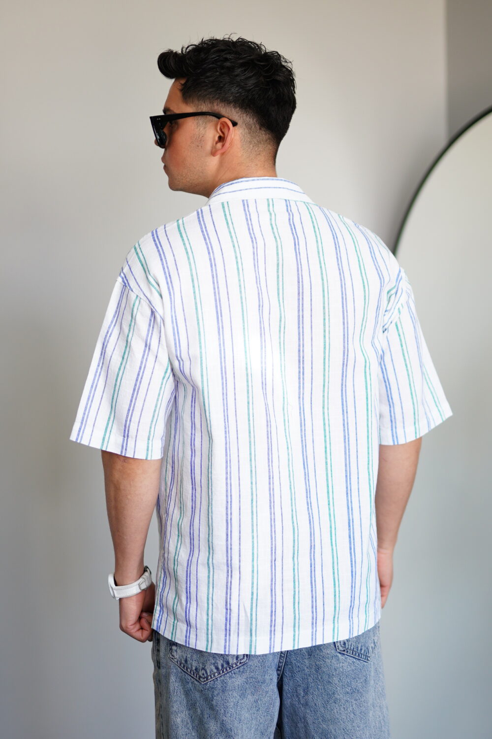 Oversize Yeşil Mavi Çizgili Apaş Yaka Gömlek - Görsel 4