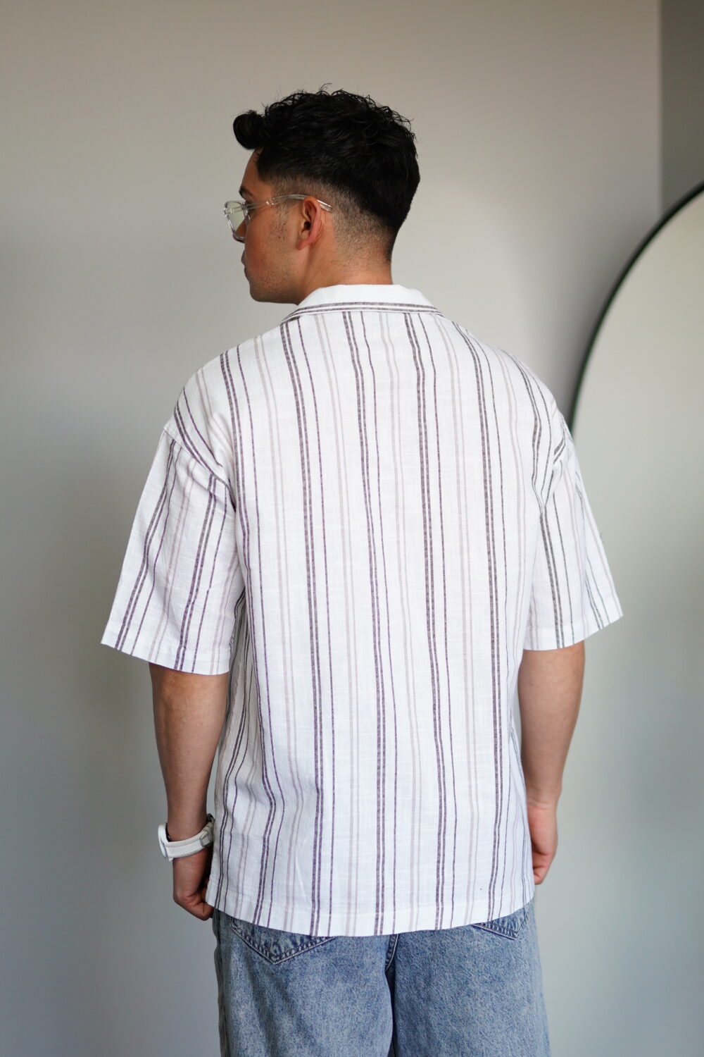 Oversize Kahve Çizgili Apaş Yaka Gömlek - Görsel 4