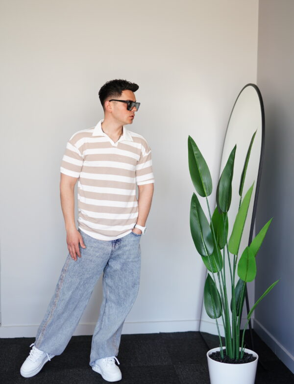 Ekru Bej Çizgili Polo Yaka Tişört