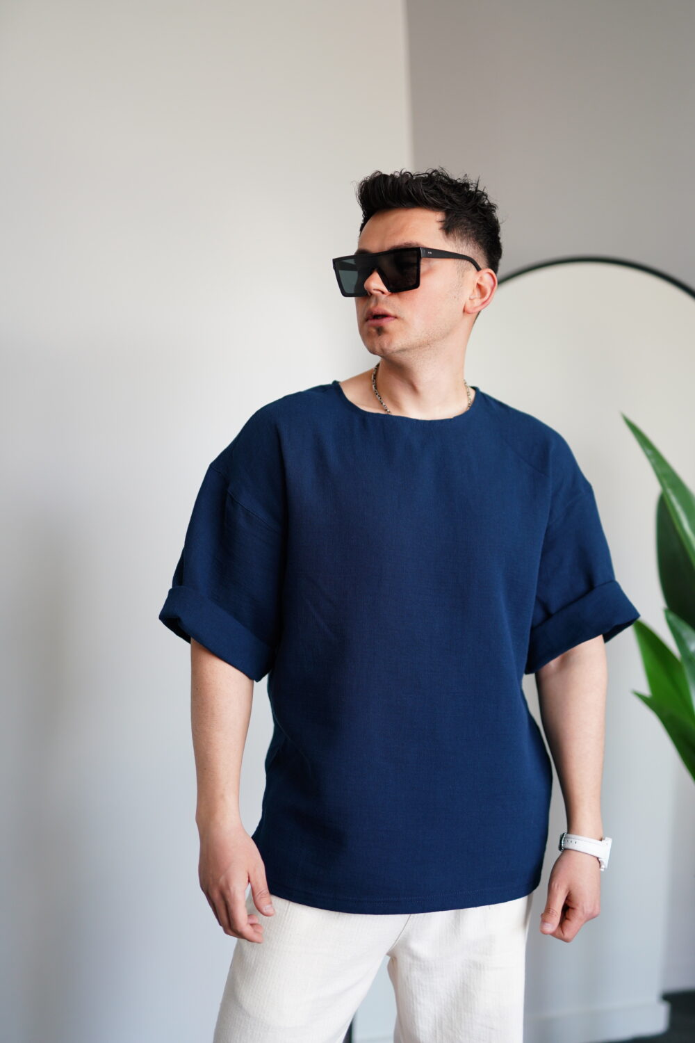 Oversize Lacivert Müslin Bisiklet Yaka Tişört - Görsel 2