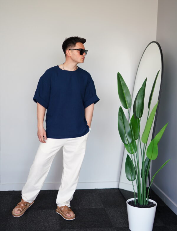 Oversize Lacivert Müslin Bisiklet Yaka Tişört