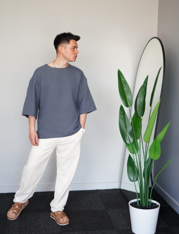 Oversize Antrasit Müslin Bisiklet Yaka Tişört