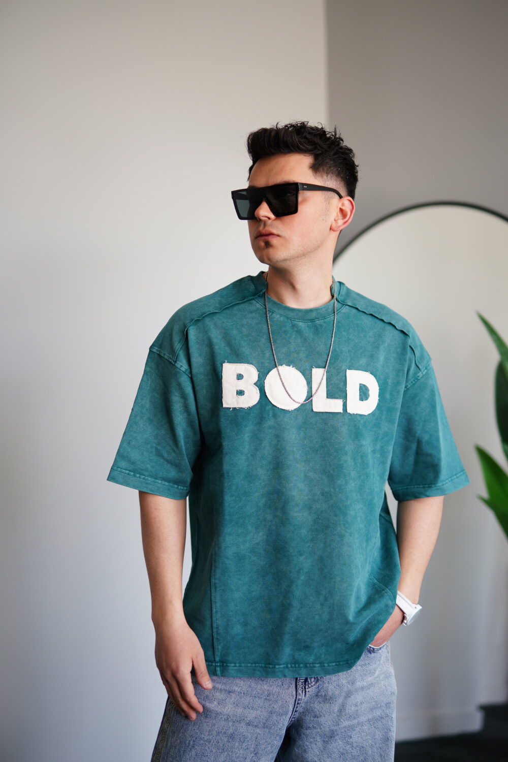 Oversize Yeşil Bold Baskılı Yıkamalı Tişört - Görsel 2