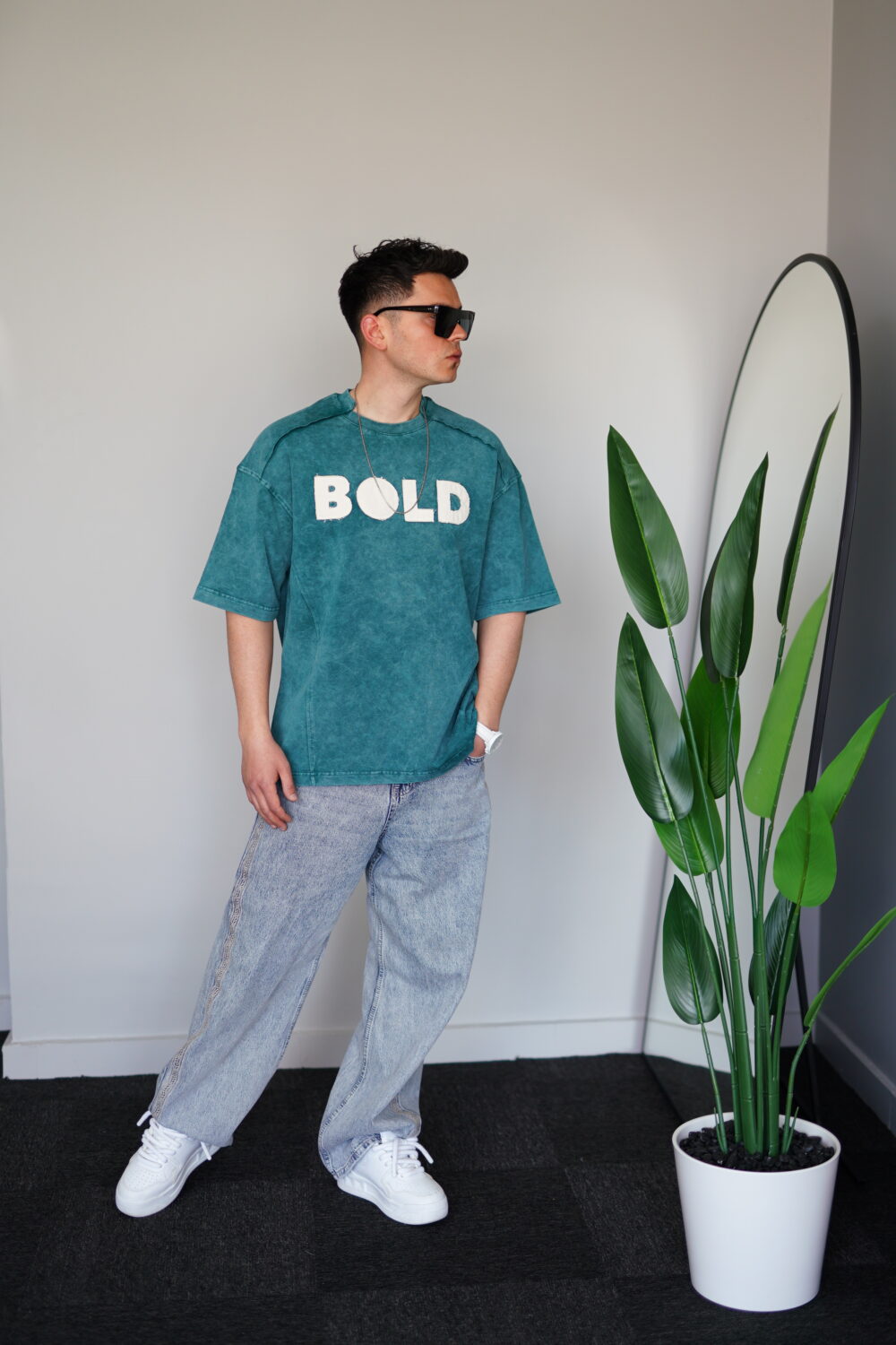 Oversize Yeşil Bold Baskılı Yıkamalı Tişört