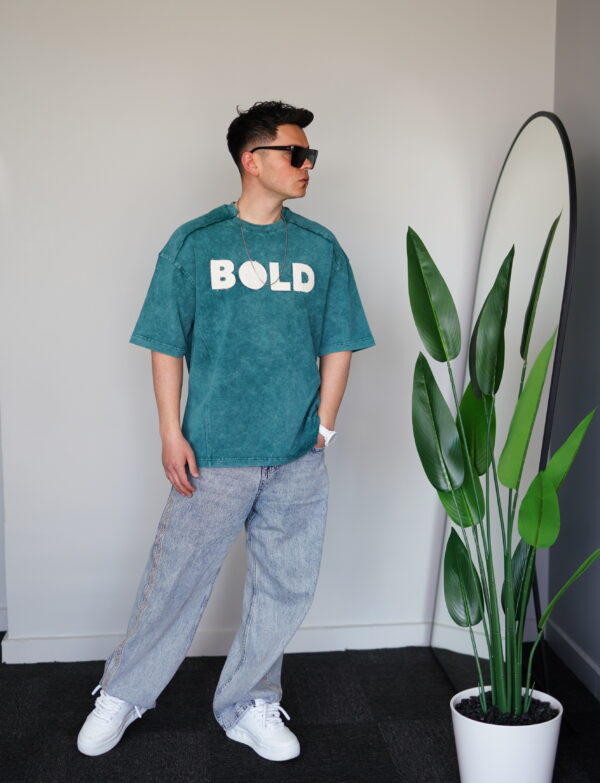 Oversize Yeşil Bold Baskılı Yıkamalı Tişört