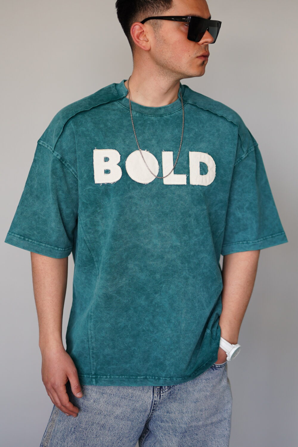Oversize Yeşil Bold Baskılı Yıkamalı Tişört - Görsel 3