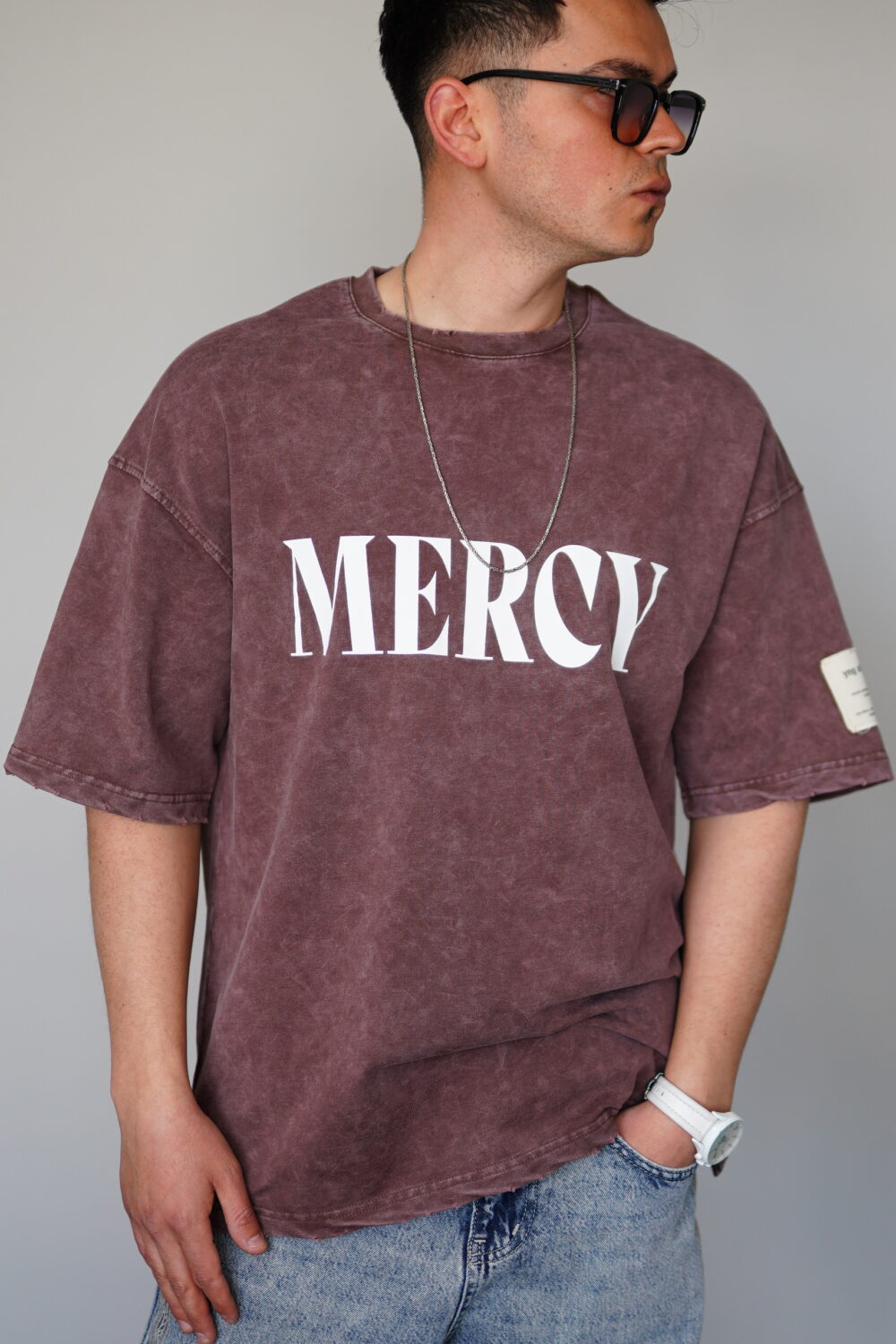 Oversize Kahverengi Yıkamalı Mercy baskılı Tşört - Görsel 3