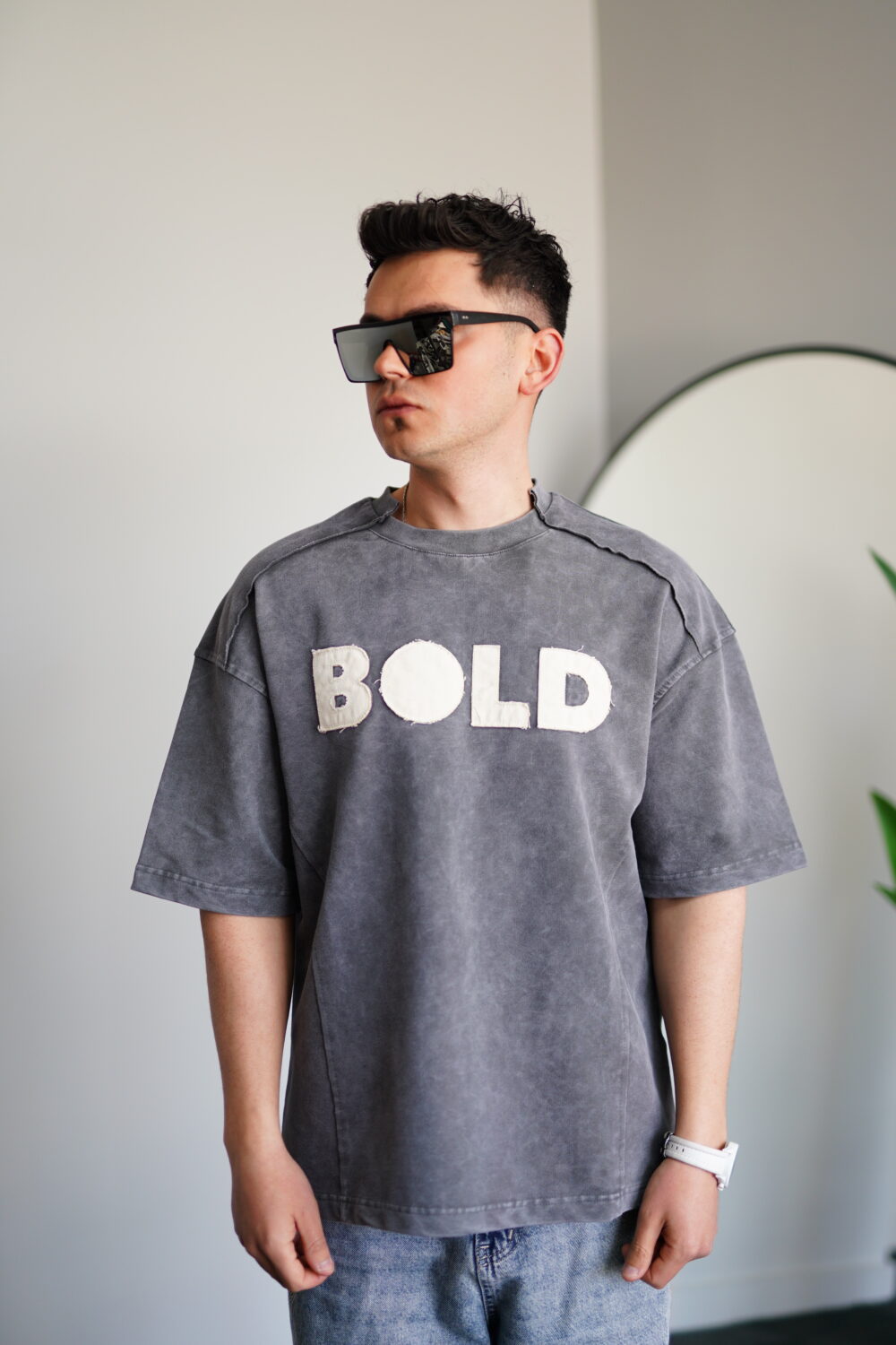 Oversize Gri Bold Baskılı Yıkamalı Tişört - Görsel 2