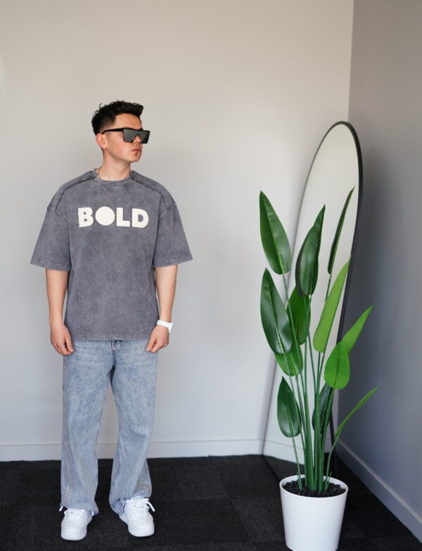 Oversize Gri Bold Baskılı Yıkamalı Tişört