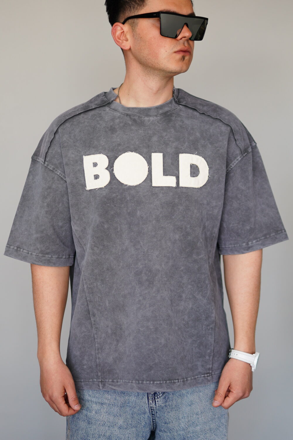 Oversize Gri Bold Baskılı Yıkamalı Tişört - Görsel 3